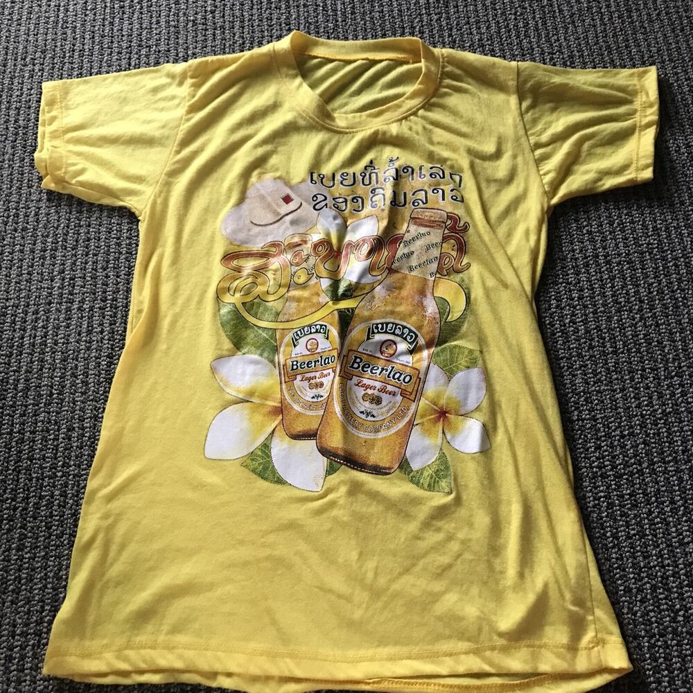 Beerlao Lager SE Asian Beer Tee‎ Shirt Womens Small Yellow Cotton